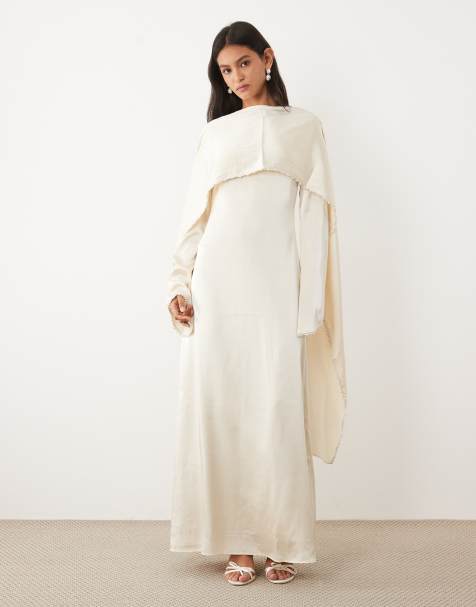 JW PEI satin pearl trimmed cape sleeve maxi dress in white - view 1