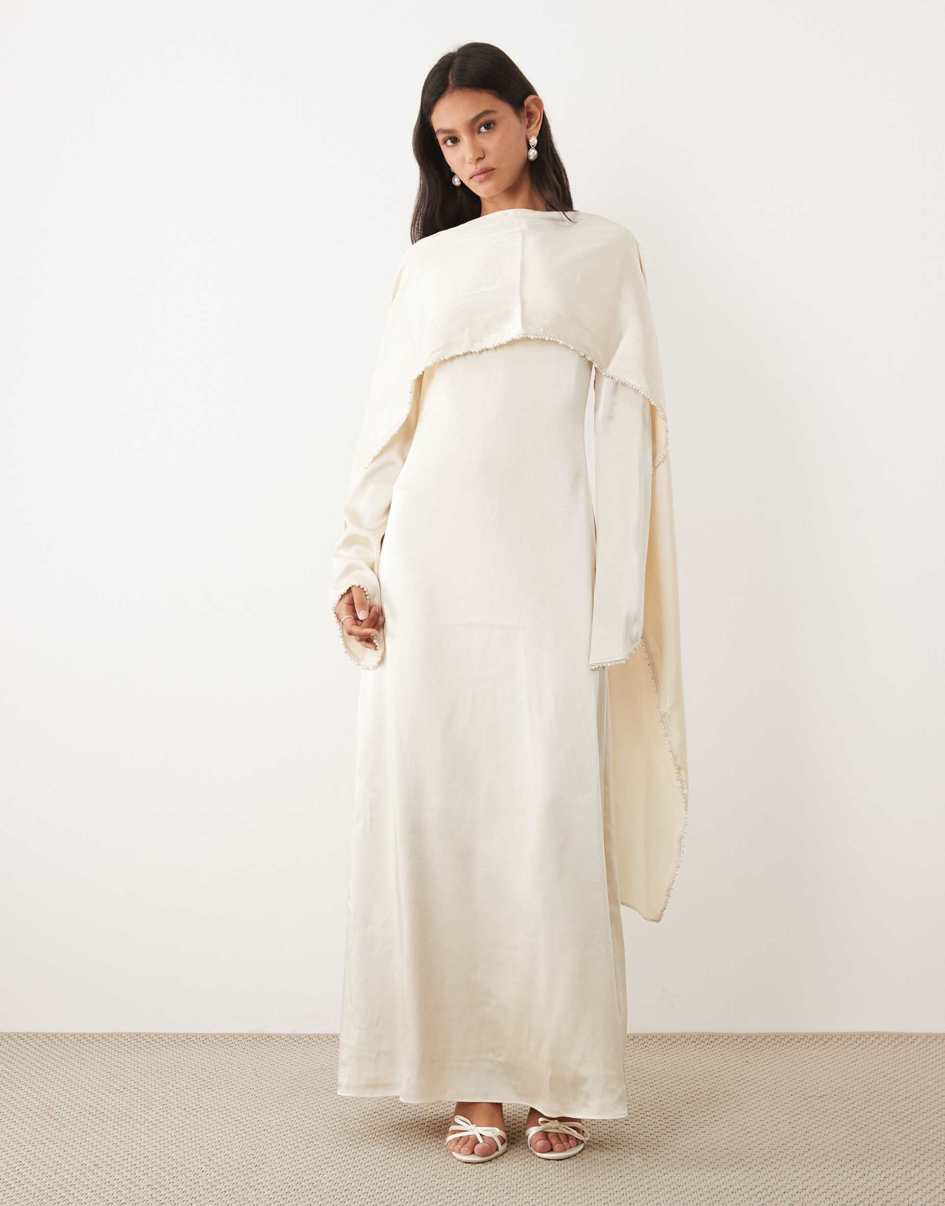 jw pei satin pearl trimmed cape sleeve maxi dress in white