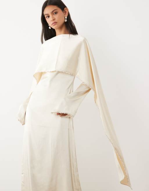 JW PEI satin pearl trimmed cape sleeve maxi dress in white, 2 of 4