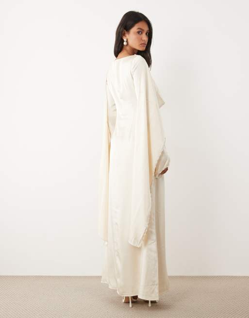 JW PEI satin pearl trimmed cape sleeve maxi dress in white, 4 of 4