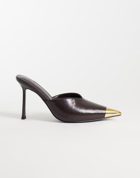 JW PEI Savannah mule heels with metal toe detail in brown - view 1