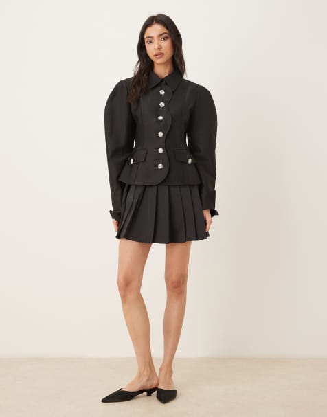 JW PEI scalloped placket volume sleeve blazer and mini skirt co-ord in black - view 1