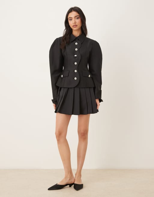 JW PEI scalloped placket volume sleeve blazer co-ord in black, 2 of 4