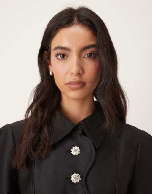 JW PEI scalloped placket volume sleeve blazer in black (part of a set), 4 of 4