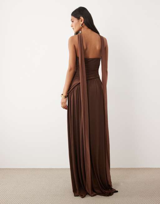 JW PEI shawl detail ruched panel bandeau maxi dress in brown, 4 of 4