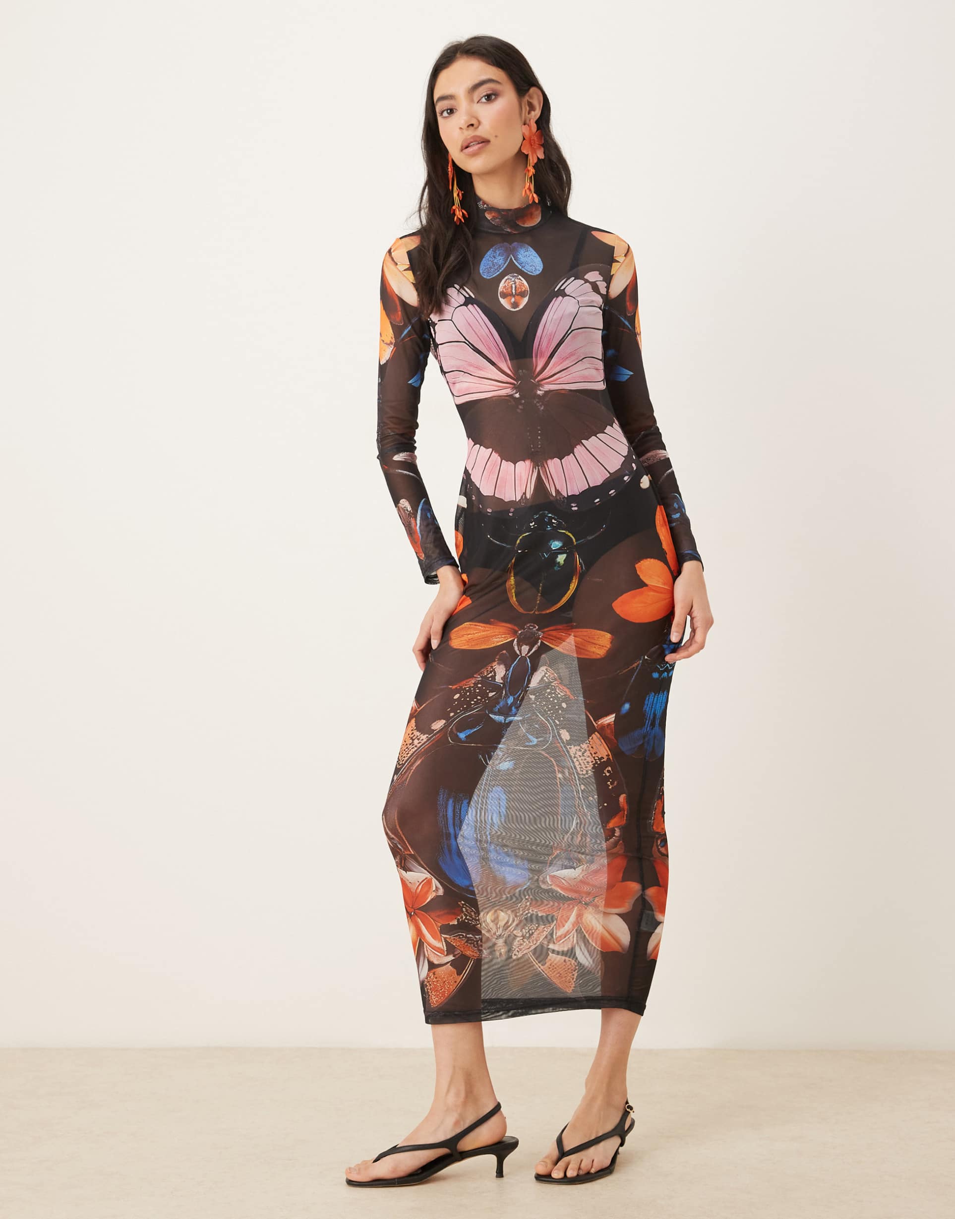 jw pei sheer mesh long sleeve midaxi dress in black floral butterfly print