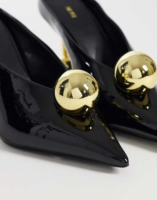 JW PEI Sofia angled vamp heel mules in black & gold, 2 of 4