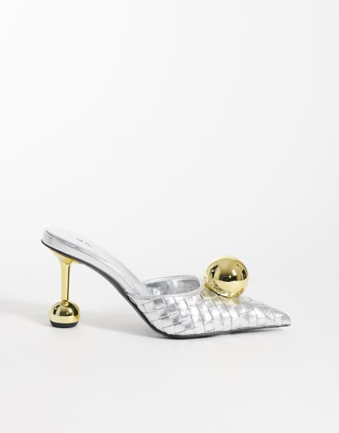 JW PEI Sofia woven gold sphere heel mules in silver - view 1