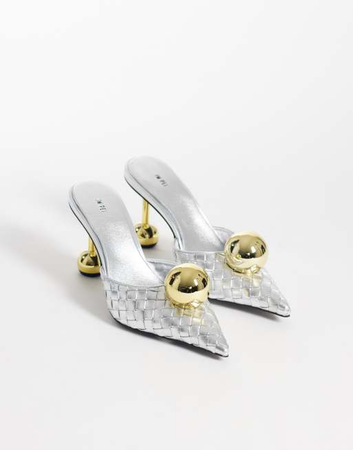 JW PEI Sofia woven gold sphere heel mules in silver, 2 of 4