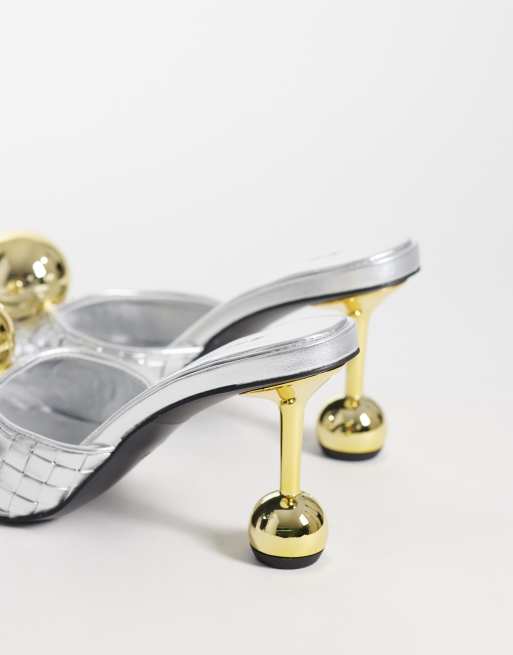 JW PEI Sofia woven gold sphere heel mules in silver, 3 of 4