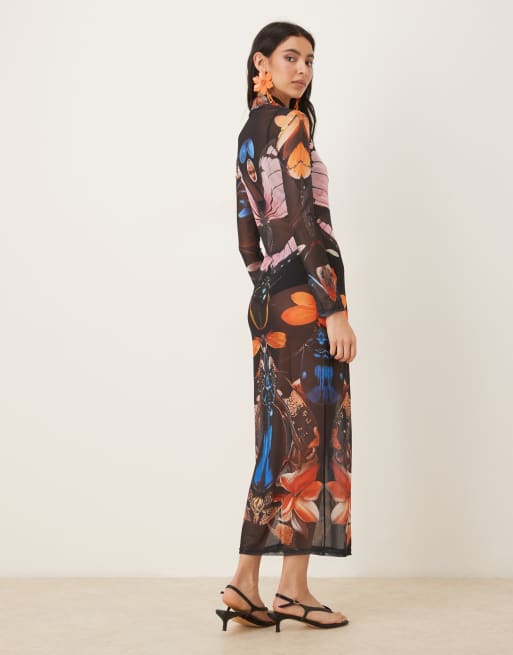 JW PEI - Sort langærmet midaxikjole i transparent mesh med blomster- og sommerfugleprint, 3 af 4