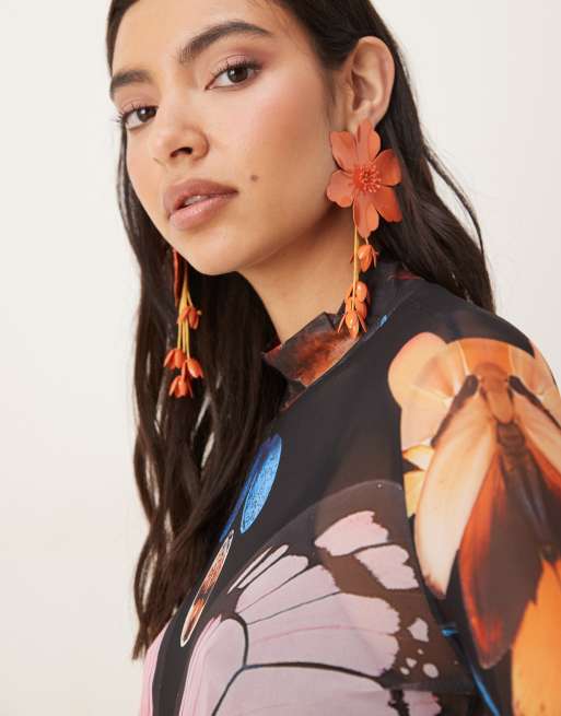 JW PEI - Sort langærmet midaxikjole i transparent mesh med blomster- og sommerfugleprint, 4 af 4