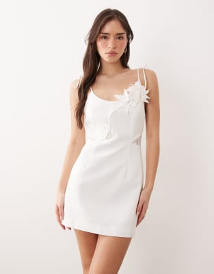 Jw Pei Square Neck 3d Floral Applique Detail Tie Shoulder Lace Panel Mini Dress In White