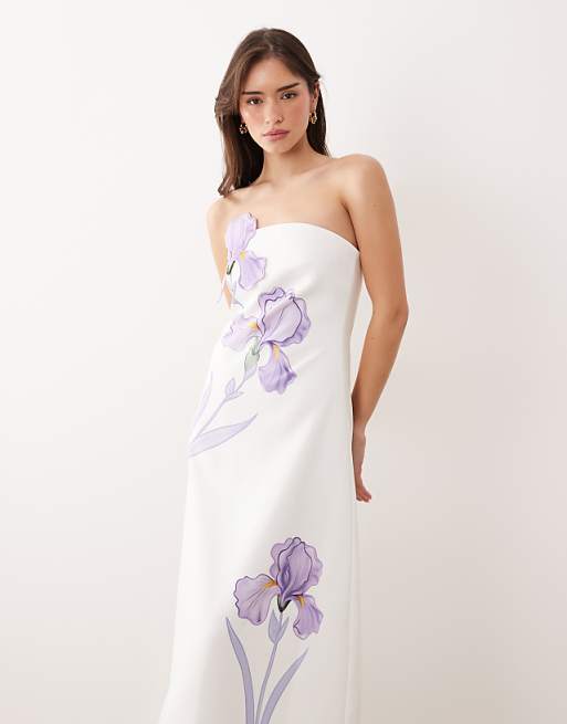 jw pei white dress Satin Asymmetric Bow Maxi back fastening ensures a secure fit Iris Floral Print Strapless A-Line