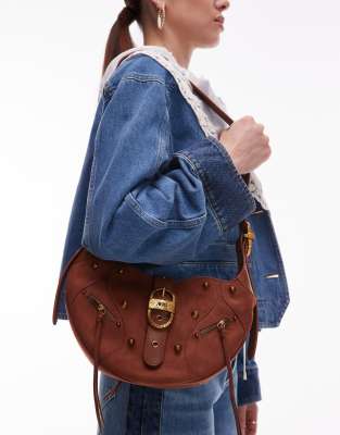 JW PEI - Tessa - Sac porté épaule clouté imitation daim - Marron