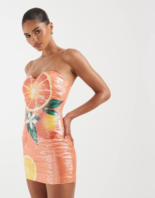 JW PEI – Trägerloses Pailletten-Minikleid in Orange mit Zitrusmuster, 2 von 4