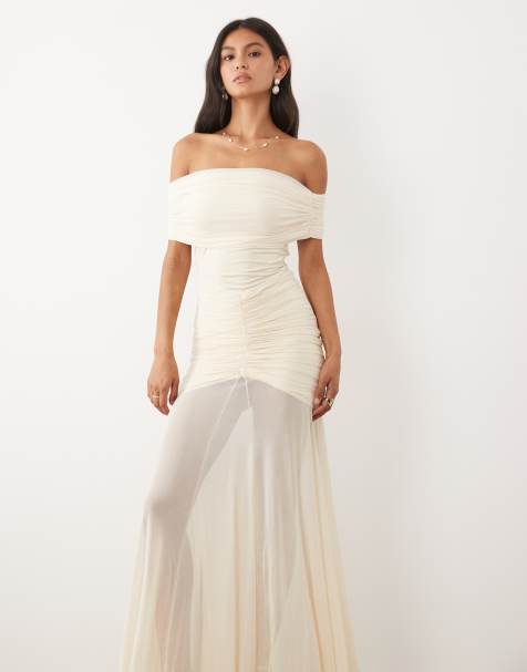 JW PEI - Vestito lungo da sposa in rete color panna arricciato con spalle scoperte e fondo sceso trasparente - view 1