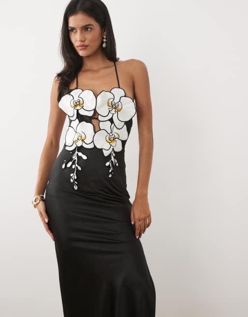 JW PEI - Vestito lungo nero allacciato al collo con ricamo 3D di orchidea, 2 di 4