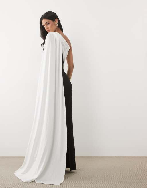 JW PEI - Vestito lungo nero monospalla con dettaglio a mantella, 2 di 4