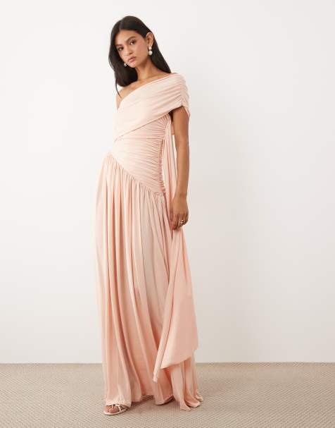 JW PEI - Vestito lungo premium sinuoso monospalla arricciato rosa con dettaglio a fascia - view 1