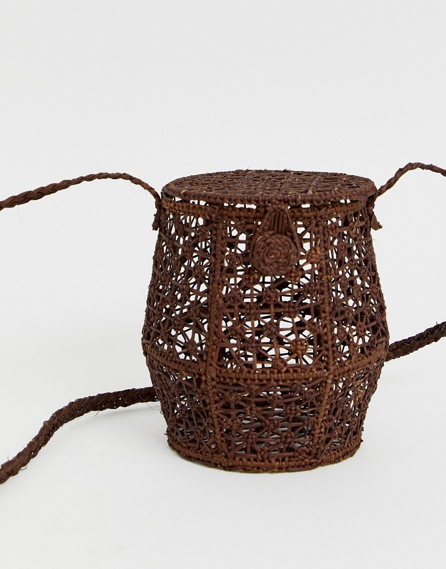 KAANAS raffia honey pot cross body bag in cocoa-Brown