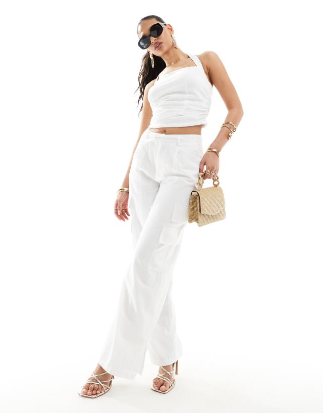 Kaiia - Kaia linen look halterneck top and wide leg trouser co-ord in whiite