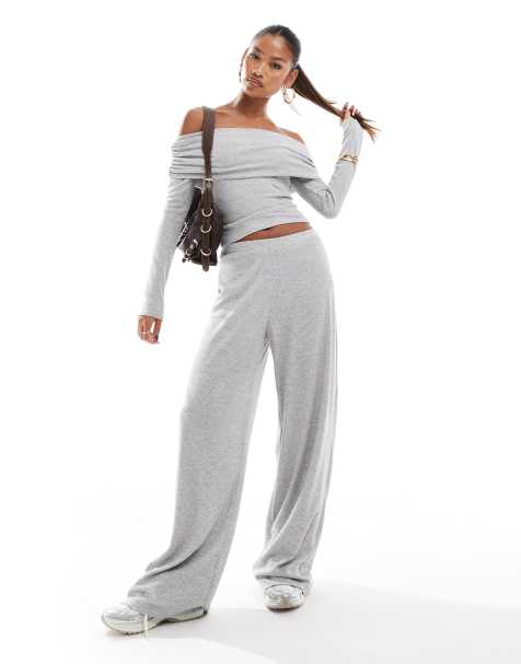 Kaia ribbed wide leg ribbed trousers co-ord in light grey marl - view 1