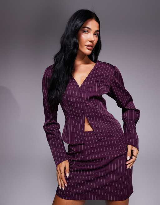 Kaiia 90s tailored split front shirt in plum pinstripe - part of a set