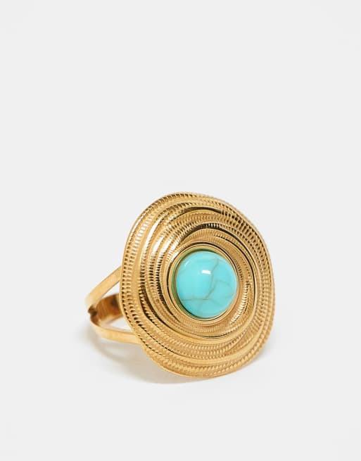 Kaiia - Anello regolabile in acciaio inossidabile tonalità oro con design rotondo e dettaglio turchese