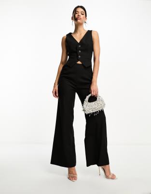 Kaiia - Ärmelloser Westen-Jumpsuit in Schwarz mit weitem Bein