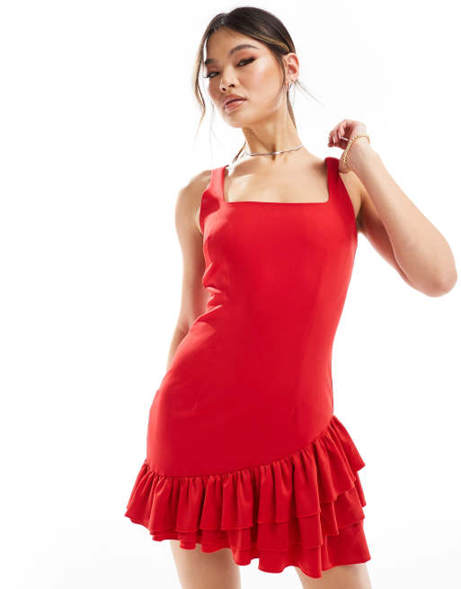 Kaiia – Ärmelloses Minikleid in Rot mit eckigem Ausschnitt und Rüschensaum