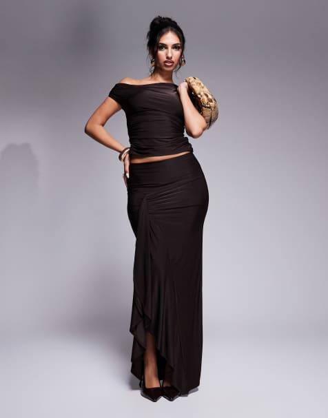 Kaiia asymmetric slinky off shoulder top & drape detail maxi skirt set in chocolate - view 1