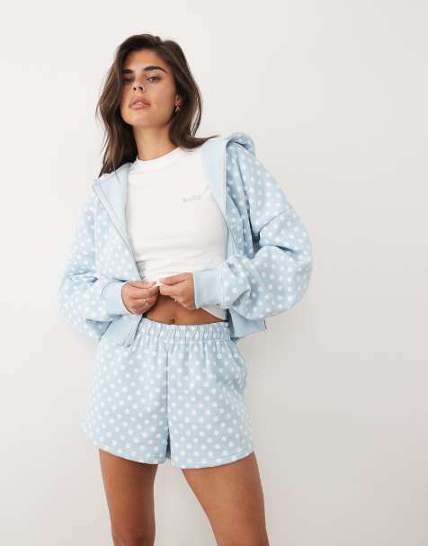 Kaiia - Babyblå og lyserøde sweat-shorts med broderet logodetalje og polkaprikker i bomuldsrigt stof - Del af sæt - view 1