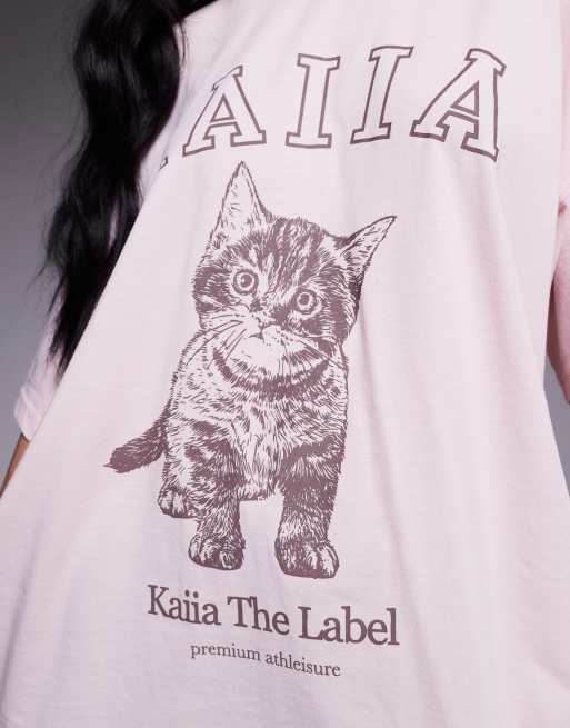 Kaiia – Babyrosa t-shirt i oversize med kattlogga i tyg med hög andel bomull  , 3 av 4