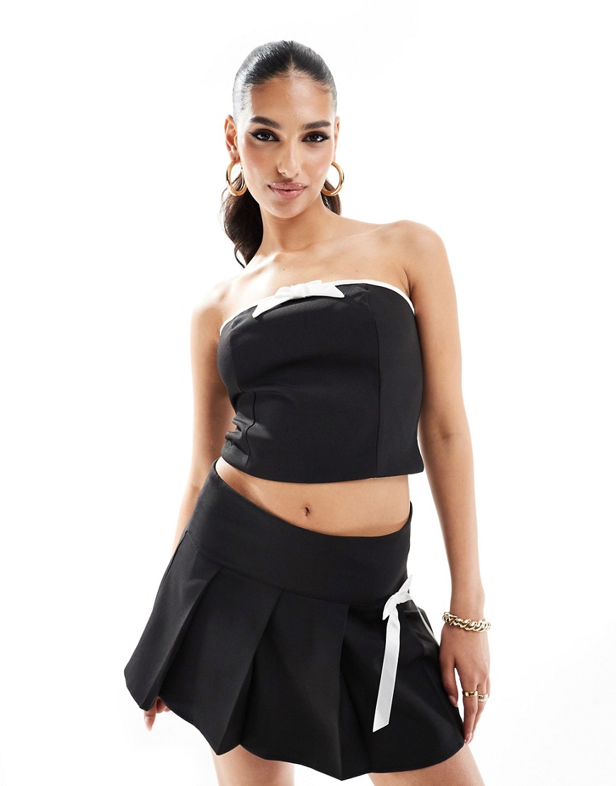 Kaiia Bandeau Bow Detail Contrast Trim Top In Black - Part Of A Set