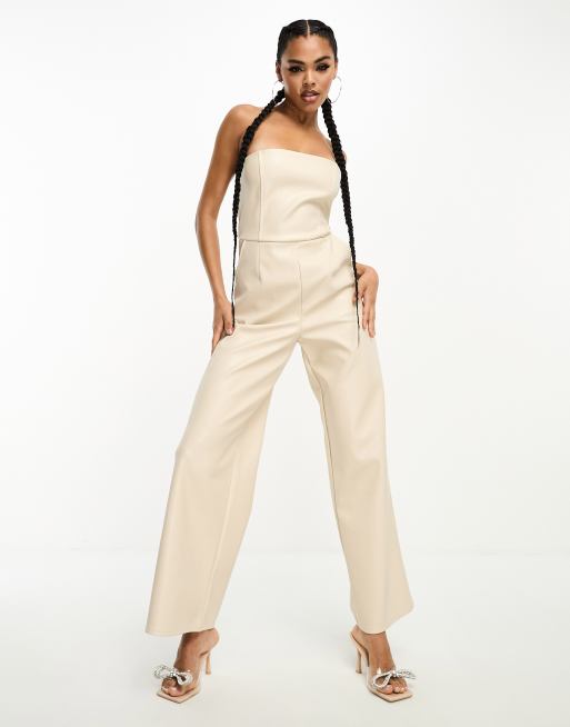 Kaiia - Bandeau-jumpsuit met wijde pijpen en leerlook in stone, 4 van 4