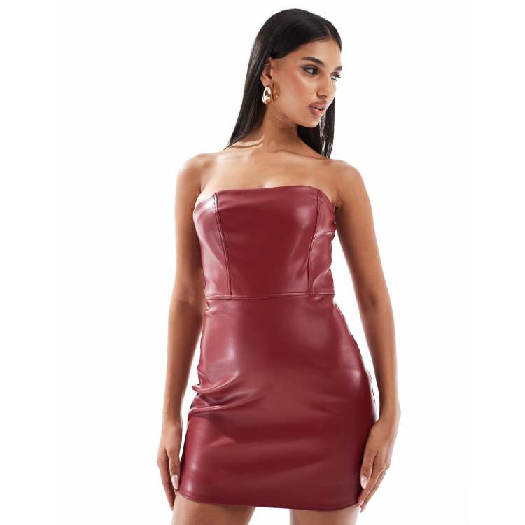 Kaiia bandeau leather look mini dress in burgundy ASOS