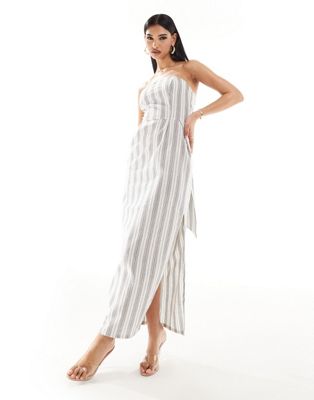 Kaiia Bandeau Oversized Tie Detail Maxi Dress In Cream Stripe-multi