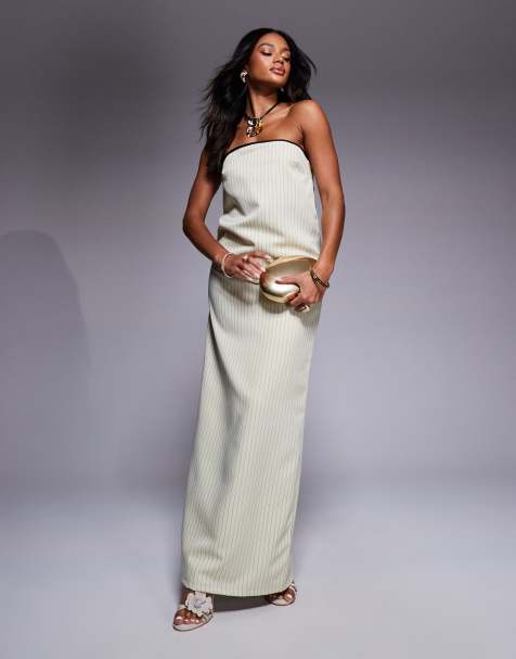 Kaiia bandeau scarf hem top and a line maxi skirt set in cream pinstripe - view 1