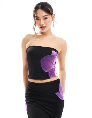 Kaiia Bandeau Top In Black And Purple Flower Print - Part Of A Set