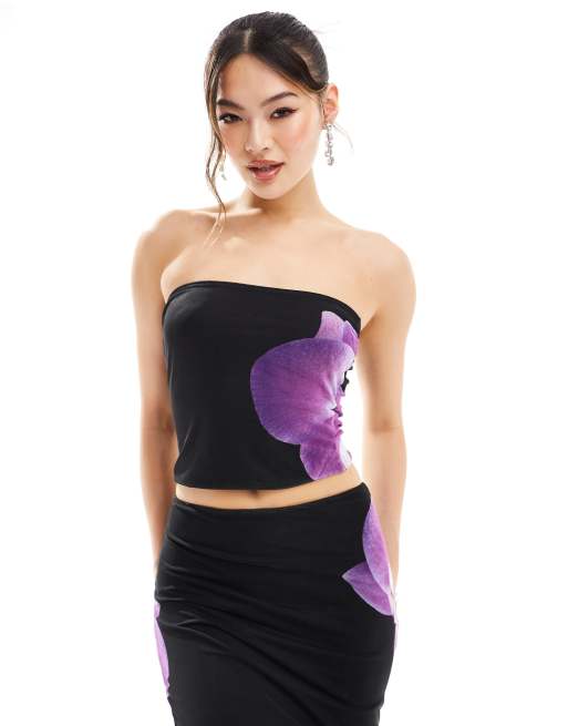 Kaiia - Bandeau-top med sort og lilla blomsterprint - Del af sæt