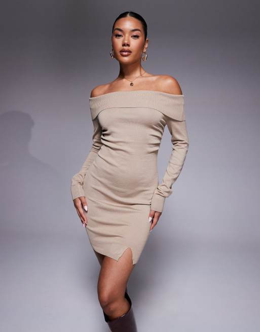 Kaiia bardot knitted side split mini jumper dress in sand