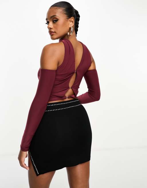 Kaiia - Bardot-top met chokerdetail in bordeauxrood, 2 van 4