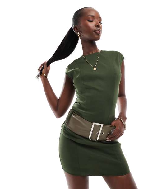 Kaiia bengaline high neck oversized belt detail mini dress in khaki - view 1