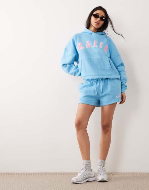 Kaiia – Blått och rosa set i bomullsrikt tyg med huvtröja i oversize, shorts med broderad logga - view 1