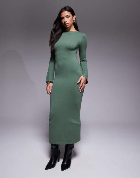 Kaiia – Bodycon-Maxikleid aus Strick in Khaki mit Glockenärmeln - view 1