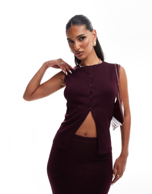 Kaiia - Bordeaux longline-habitvest med gennemgående knapper i fin strik - Del af sæt - Kun hos ASOS