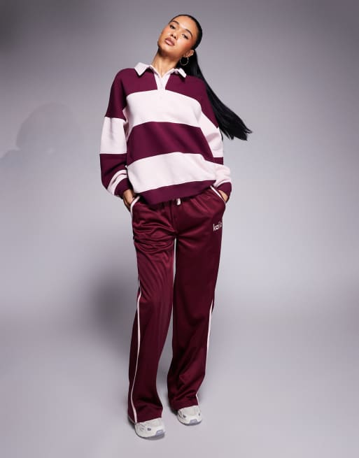 Kaiia - Bordeaux og lyserød oversized sweatshirt med striber i bomuldsrigt materiale i rugby-stil  , 4 af 4