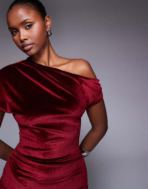 Kaiia - Bordeauxrød minikjole i velour med offshoulder-design og draperinger - Kun hos ASOS, 2 af 4