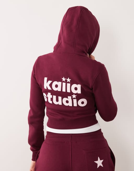 Kaiia - Bordeauxrød og cropped hættetrøje med lynlås og pink stjerne-logografik - Del af sæt, 4 af 4